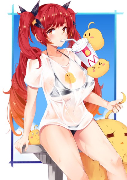 Anime picture 1254x1770 with azur lane manjuu (azur lane) honolulu (azur lane) irohara single long hair tall image looking at viewer blush fringe breasts open mouth light erotic red eyes large breasts sitting twintails payot red hair eyes closed