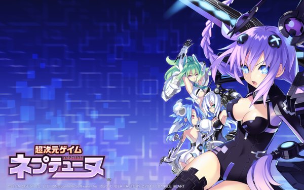 Anime picture 1920x1200 with choujigen game neptune purple heart black heart green heart white heart ranoha highres blue eyes light erotic red eyes wide image multiple girls green eyes blue hair purple hair green hair girl 4 girls