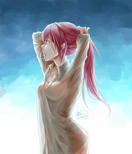 Anime picture 1855x2162 with free! kyoto animation matsuoka gou thewind single long hair tall image highres breasts red eyes standing holding signed pink hair cleavage ponytail arms up mouth hold hair tie in mouth girl