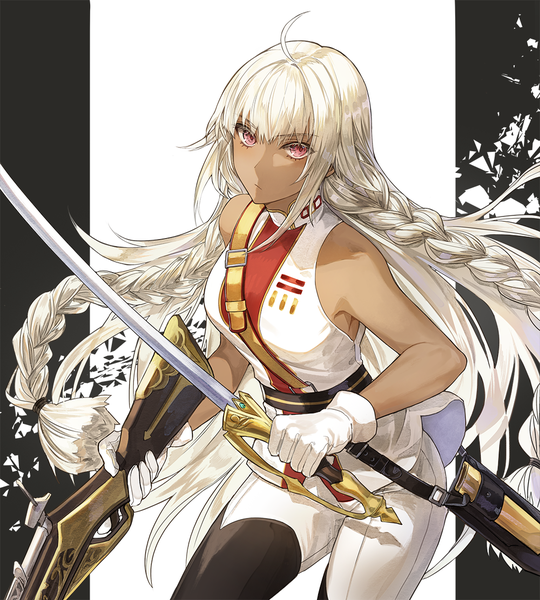 Anime picture 1000x1111 with fate (series) fate/grand order lakshmibai (fate/grand order) kim eb single long hair tall image looking at viewer blush fringe breasts simple background hair between eyes red eyes standing bare shoulders holding payot ahoge white hair