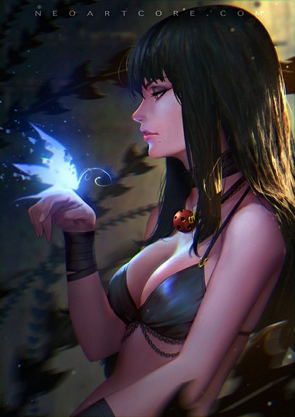 Anime picture 700x991 with original nudtawut thongmai long hair tall image light erotic black hair red eyes bare shoulders looking away profile lips sunlight realistic mole bare belly sleeveless lipstick pink lipstick mechanical butterfly on hand