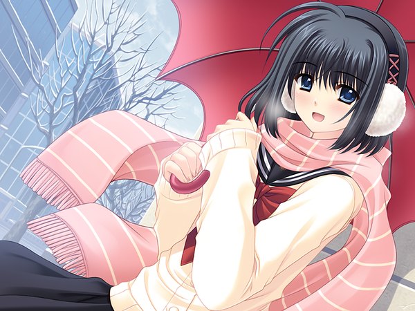 Anime picture 1200x900 with oretachi ni tsubasa wa nai haneda kobato single blue eyes black hair game cg girl scarf umbrella earmuffs striped scarf