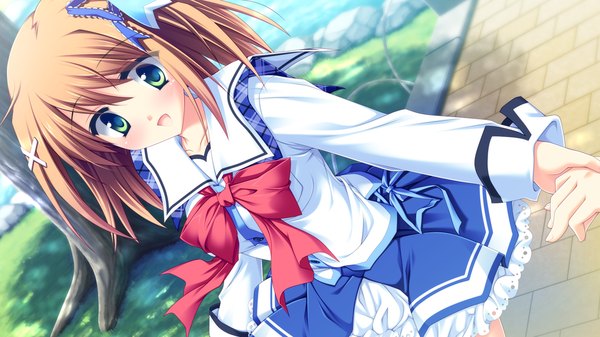 Anime picture 1024x576 with strawberry nauts hiwa touko matsushita makako short hair open mouth smile brown hair wide image green eyes game cg holding hands happy girl skirt uniform hair ornament bow ribbon (ribbons) plant (plants) hair ribbon