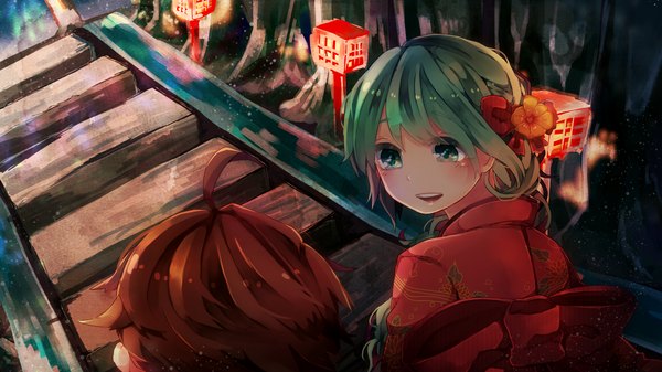 Anime picture 1600x900 with vocaloid hatsune miku itamidome long hair blush open mouth brown hair wide image ahoge traditional clothes japanese clothes hair flower aqua hair night dark background festival girl boy hair ornament bow