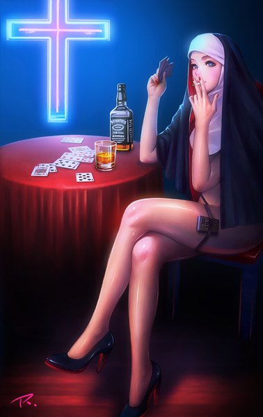 Anime picture 1000x1588 with original jack daniel's ray tang single tall image looking at viewer blush blue eyes light erotic sitting holding signed full body bent knee (knees) indoors nail polish high heels crossed legs smoking nun