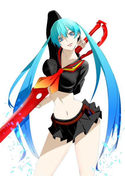Anime picture 2508x3541 with kill la kill vocaloid studio trigger hatsune miku tatsuya (1223496) single long hair tall image looking at viewer blush highres breasts simple background smile large breasts white background twintails aqua eyes aqua hair bare belly