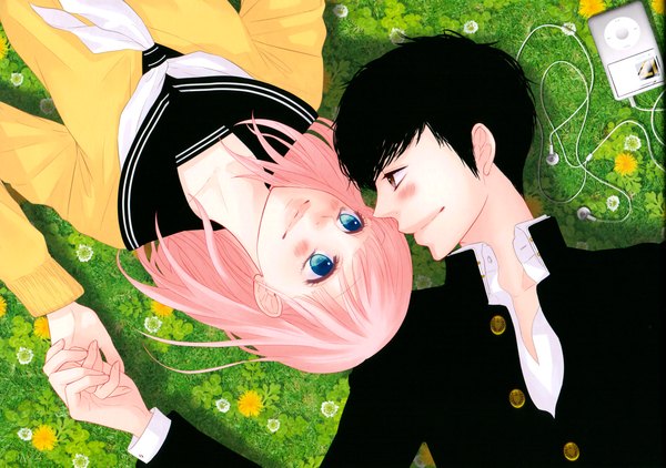 Anime picture 3431x2416 with vocaloid ipod just be friends (vocaloid) megurine luka blush highres short hair blue eyes black hair pink hair absurdres lying holding hands face to face girl boy uniform plant (plants) school uniform serafuku
