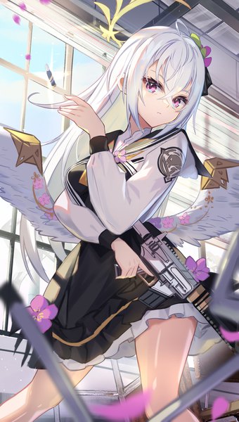 Anime picture 1858x3282 with blue archive azusa (blue archive) kitabana single long hair tall image looking at viewer fringe highres hair between eyes standing purple eyes silver hair ahoge indoors turning head white wings girl weapon wings