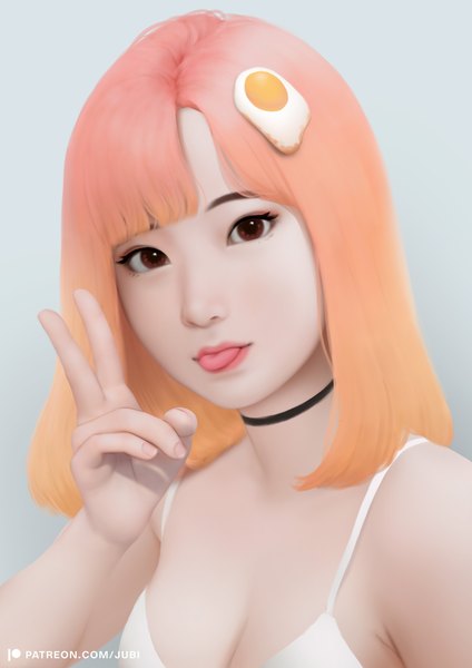 Anime picture 2480x3508 with original laras (jubi) jubi (regiana) single long hair tall image looking at viewer fringe highres breasts light erotic simple background bare shoulders brown eyes signed cleavage blunt bangs orange hair realistic lipstick