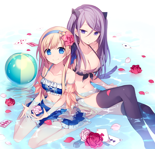 Anime picture 830x800 with original hijiri (resetter) long hair looking at viewer fringe breasts blue eyes light erotic blonde hair smile hair between eyes sitting purple eyes multiple girls cleavage purple hair bent knee (knees) tail parted lips barefoot