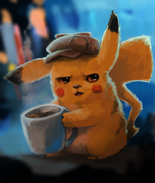 Anime picture 900x1060 with pokemon nintendo pikachu detective pikachu foxeaf tall image open mouth holding brown eyes looking away full body realistic no people steam gen 1 pokemon blush stickers hat flat cap mug pokemon (creature)