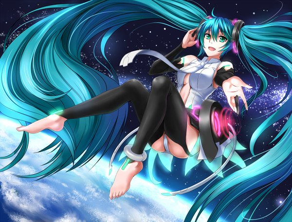 Anime picture 1100x836 with vocaloid vocaloid append hatsune miku hatsune miku (append) windtalker long hair open mouth light erotic twintails green eyes ahoge very long hair barefoot green hair space girl detached sleeves necktie planet