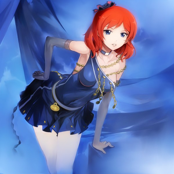 Anime picture 1100x1100 with love live! school idol project sunrise (studio) love live! nishikino maki miyo (13th floor) single long hair breasts blue eyes looking away red hair parted lips leaning leaning forward hand on hip covered navel girl dress gloves choker