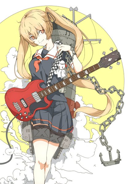 Anime picture 708x1003 with kantai collection murasame destroyer the harusame-like bouzu ninimo nimo single long hair tall image fringe blonde hair smile hair between eyes red eyes twintails looking away > < girl uniform serafuku chain wire (wires)