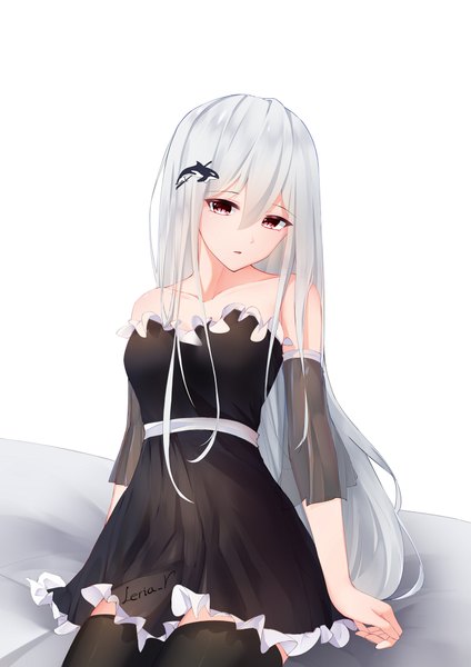 Anime picture 1500x2122 with arknights skadi (arknights) leria v single long hair tall image looking at viewer blush fringe breasts simple background hair between eyes red eyes white background sitting bare shoulders signed silver hair parted lips head tilt