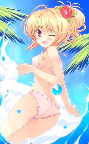 Anime picture 2173x3516 with original azure (capriccio) single tall image blush highres open mouth light erotic blonde hair cloud (clouds) ass one eye closed pink eyes looking back hair flower wink girl hair ornament swimsuit bikini