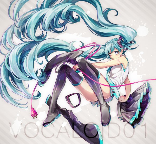 Anime picture 1229x1139 with vocaloid hatsune miku makoto (roketto-massyumaro) single light erotic twintails very long hair pleated skirt aqua eyes aqua hair tattoo sleeveless bottomless girl thighhighs skirt hair ornament detached sleeves necktie boots