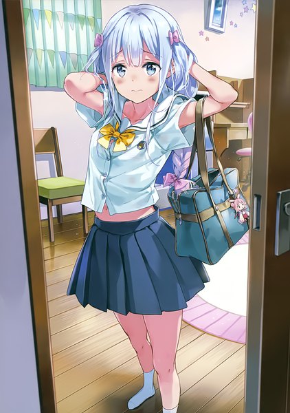 Anime picture 2460x3500 with eromanga sensei a-1 pictures izumi sagiri tiv single long hair tall image looking at viewer blush fringe highres blue eyes silver hair indoors braid (braids) pleated skirt short sleeves embarrassed no shoes adjusting hair