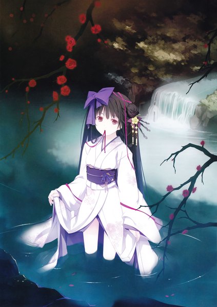 Anime picture 2162x3070 with original eshi 100-nin ten ruroo single long hair tall image looking at viewer highres black hair red eyes holding traditional clothes japanese clothes mouth hold river ribbon in mouth girl hair ornament flower (flowers) bow