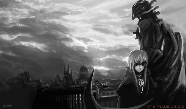 Anime picture 1702x1000 with original lin+ long hair highres wide image sky cloud (clouds) city monochrome girl building (buildings)
