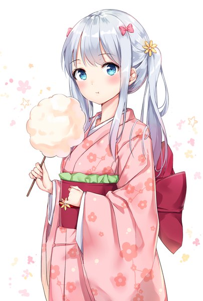 Anime picture 591x874 with eromanga sensei a-1 pictures izumi sagiri douya (233) single long hair tall image looking at viewer fringe blue eyes simple background smile white background holding payot silver hair upper body traditional clothes japanese clothes side ponytail