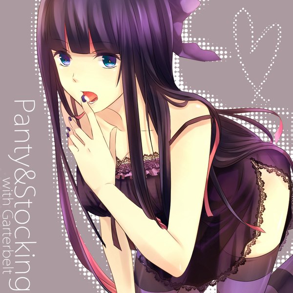 Anime picture 1000x1000 with panty & stocking with garterbelt anarchy stocking washi (micino) single long hair looking at viewer open mouth blue eyes light erotic black hair standing bare shoulders purple hair nail polish multicolored hair kneeling licking girl thighhighs bow