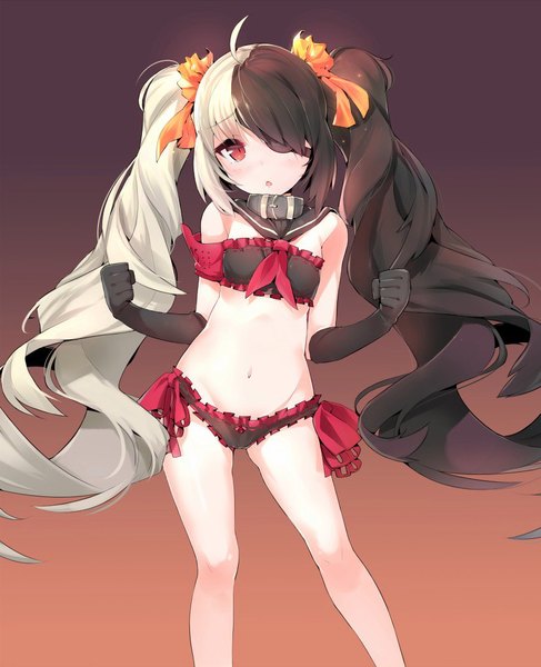 Anime picture 826x1016 with blade & soul po hwa ran (blade & soul) yuran (cozyquilt) single tall image looking at viewer blush fringe open mouth light erotic black hair red eyes standing twintails bare shoulders payot ahoge white hair very long hair multicolored hair