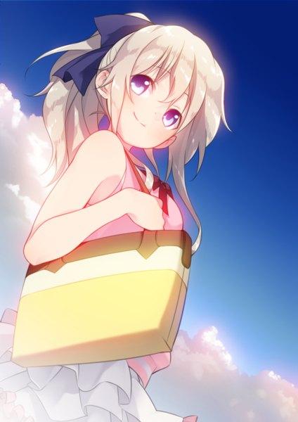 Anime picture 1000x1414 with charlotte p.a. works tomori nao mido (mimizuku-hukuro) single long hair tall image blush fringe blue eyes smile standing bare shoulders looking away sky silver hair cloud (clouds) ponytail from below girl
