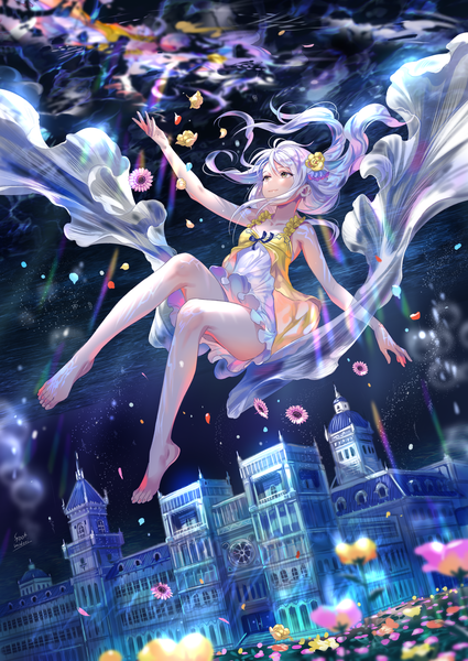 Anime picture 2125x3000 with original midori foo single long hair tall image blush fringe highres smile hair between eyes brown eyes signed looking away silver hair full body bent knee (knees) barefoot hair flower blurry outstretched arm