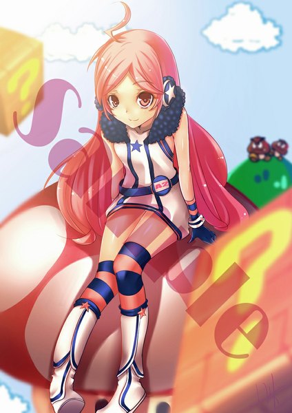 Anime picture 724x1024 with vocaloid miki (vocaloid) mikoto (mio) single long hair tall image looking at viewer blush smile sitting bare shoulders pink hair cloud (clouds) pink eyes sunlight text question girl thighhighs gloves