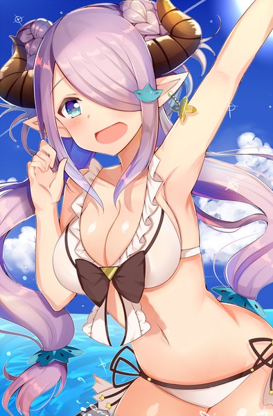 Anime picture 1500x2280 with granblue fantasy narmaya (granblue fantasy) narmaya (summer) (granblue fantasy) aozora nan single long hair tall image blush fringe breasts open mouth light erotic large breasts standing payot looking away sky purple hair cloud (clouds) braid (braids)