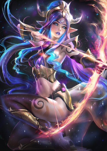 Anime picture 1421x2000 with original sakimichan single long hair tall image breasts blue eyes light erotic holding signed blue hair looking away purple hair bent knee (knees) head tilt multicolored hair lips pointy ears realistic midriff