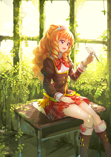 Anime picture 868x1228 with aikatsu! himesato maria koruse long hair tall image fringe open mouth sitting looking away bent knee (knees) pleated skirt pink eyes arm up hair flower sunlight orange hair hand on hip drill hair plaid skirt happy