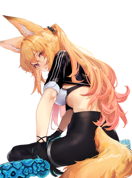 Anime picture 2616x3533 with dungeon and fighter kaiser (myeonggihusband) ato (haru ato) single long hair tall image looking at viewer fringe highres breasts light erotic simple background blonde hair hair between eyes red eyes white background sitting animal ears payot full body