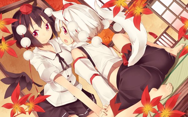 Anime picture 1612x1000 with touhou shameimaru aya inubashiri momiji mikan (bunanoha) short hair open mouth black hair smile red eyes wide image multiple girls animal ears white hair animal tail girl skirt 2 girls detached sleeves miniskirt shirt