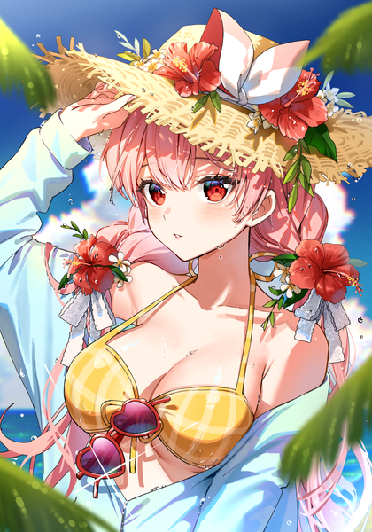 Anime-Bild 1500x2144 mit virtual youtuber atelier live pinku (vtuber) rosuuri single long hair tall image looking at viewer blush fringe breasts light erotic red eyes large breasts signed pink hair sky cloud (clouds) upper body outdoors