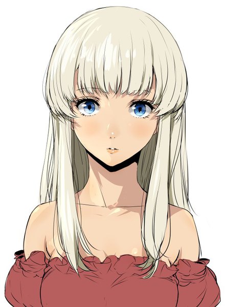 Anime picture 628x852 with isekai shokudou silver link adelheid (isekai shokudou) enami katsumi single long hair tall image looking at viewer blush fringe breasts blue eyes simple background large breasts white background bare shoulders payot cleavage silver hair upper body