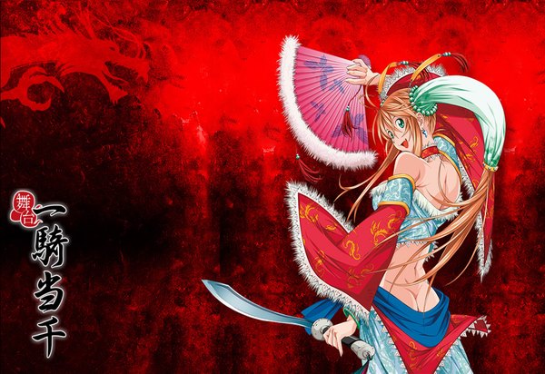 Anime picture 1920x1321 with ikkitousen sonsaku hakufu single long hair looking at viewer fringe highres open mouth light erotic smile bare shoulders green eyes inscription hieroglyph red background girl weapon detached sleeves earrings sword