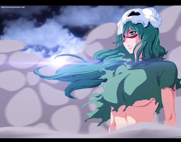 Anime picture 2500x1964 with bleach studio pierrot nelliel tu odelschwanck gray-dous single long hair highres breasts light erotic large breasts green eyes sky cloud (clouds) green hair tattoo coloring torn clothes facial mark smoke espada