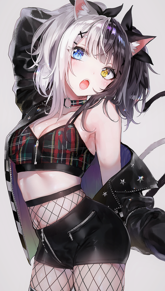Anime picture 1671x2928 with original nekometaru single long hair tall image looking at viewer blush fringe breasts open mouth blue eyes black hair simple background standing animal ears yellow eyes cleavage silver hair tail blunt bangs