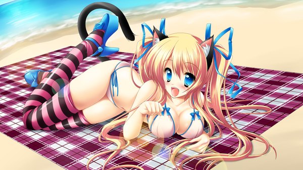 Anime picture 1920x1080 with original kamiya tomoe single long hair blush highres breasts open mouth blue eyes light erotic blonde hair wide image twintails animal ears tail cat ears cat girl cat tail high heels wallpaper