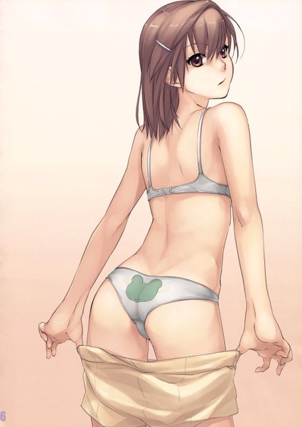 Anime picture 2127x3000 with to aru kagaku no railgun j.c. staff misaka mikoto gekota pua single tall image fringe highres light erotic brown hair standing brown eyes ass looking back scan underwear only thighs gradient background back