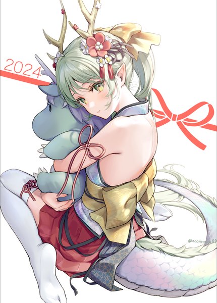 Anime picture 811x1131 with original geroro single long hair tall image looking at viewer white background sitting green eyes ponytail tail horn (horns) green hair from above pointy ears hug wariza new year dragon girl dragon tail