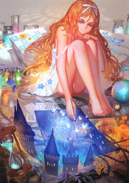 Anime picture 2326x3298 with original alphonse (white datura) single long hair tall image highres blue eyes light erotic sitting bare shoulders looking away barefoot scan orange hair official art bare legs shadow pantyshot looking down wavy hair