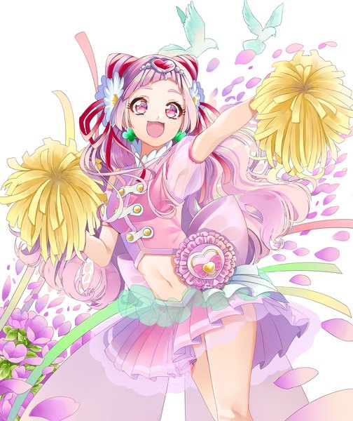 Anime picture 2000x2380 with precure hugtto! precure toei animation nono hana cure yell yuutarou (fukiiincho) single long hair tall image looking at viewer highres open mouth pink hair :d pleated skirt pink eyes midriff magical girl girl skirt