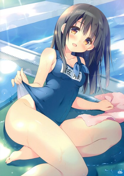 Anime picture 2318x3300 with original pan (mimi) single long hair tall image looking at viewer blush highres open mouth light erotic black hair brown eyes girl swimsuit one-piece swimsuit school swimsuit