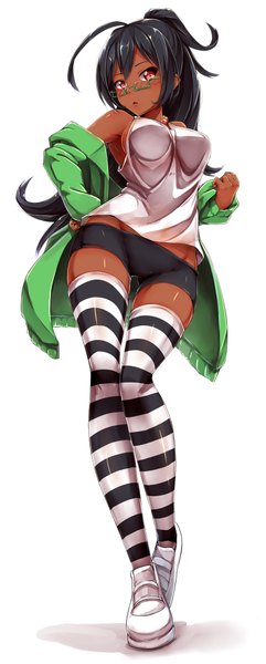 Anime picture 806x2000 with original pack er 5 single long hair tall image light erotic black hair simple background red eyes white background girl thighhighs glasses striped thighhighs bike shorts
