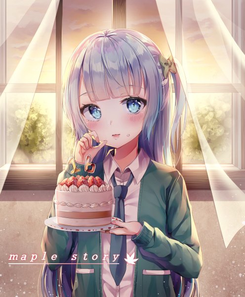 Anime picture 1032x1248 with maplestory hinaki (hinaki 0102) single long hair tall image looking at viewer blush fringe open mouth blue eyes standing holding silver hair upper body blunt bangs long sleeves open clothes copyright name one side up food on face