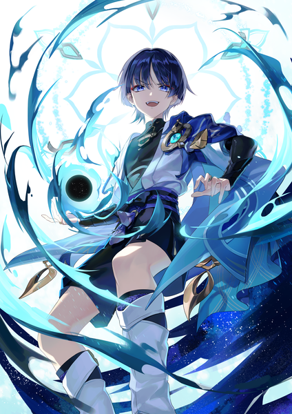 Anime picture 1488x2105 with genshin impact scaramouche (genshin impact) wanderer (genshin impact) didtldms0312 single tall image looking at viewer short hair open mouth blue eyes blue hair :d from below magic starry sky print space print boy vision (genshin impact)