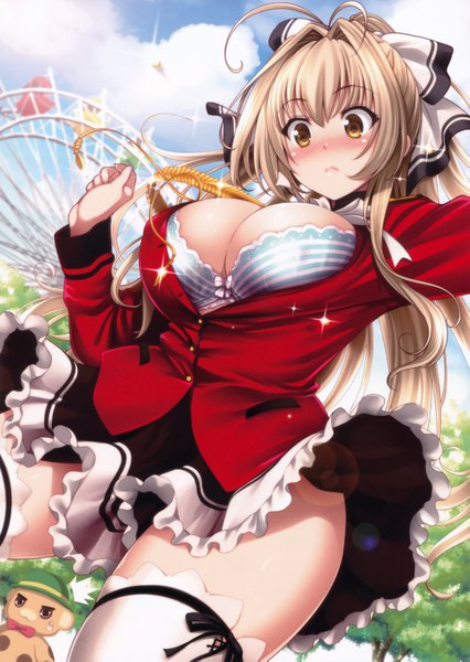 Anime picture 4276x6017 with amagi brilliant park kyoto animation sento isuzu moffle (amaburi) yasui riosuke single long hair tall image blush fringe highres breasts light erotic blonde hair hair between eyes yellow eyes payot looking away absurdres sky